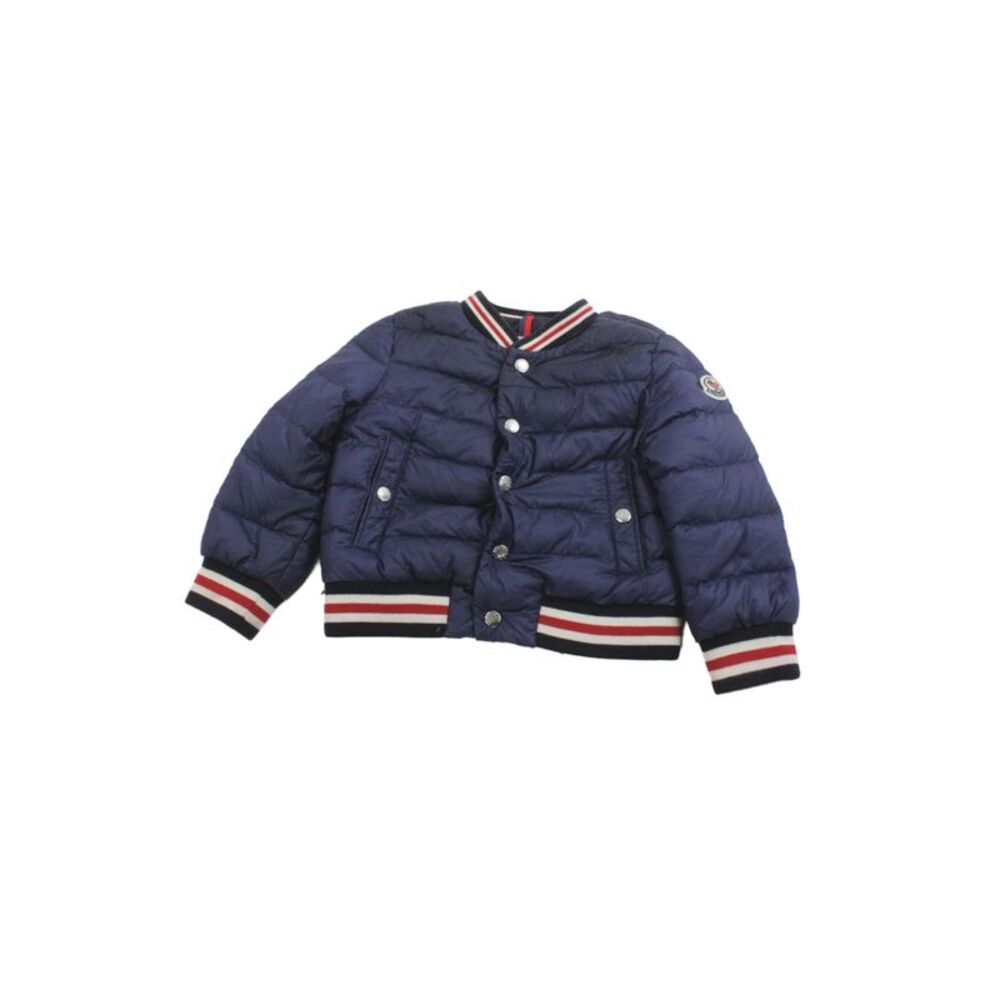Moncler Boys Button Front Striped Trim Down Quilted Jacket Navy White Red 12-18M